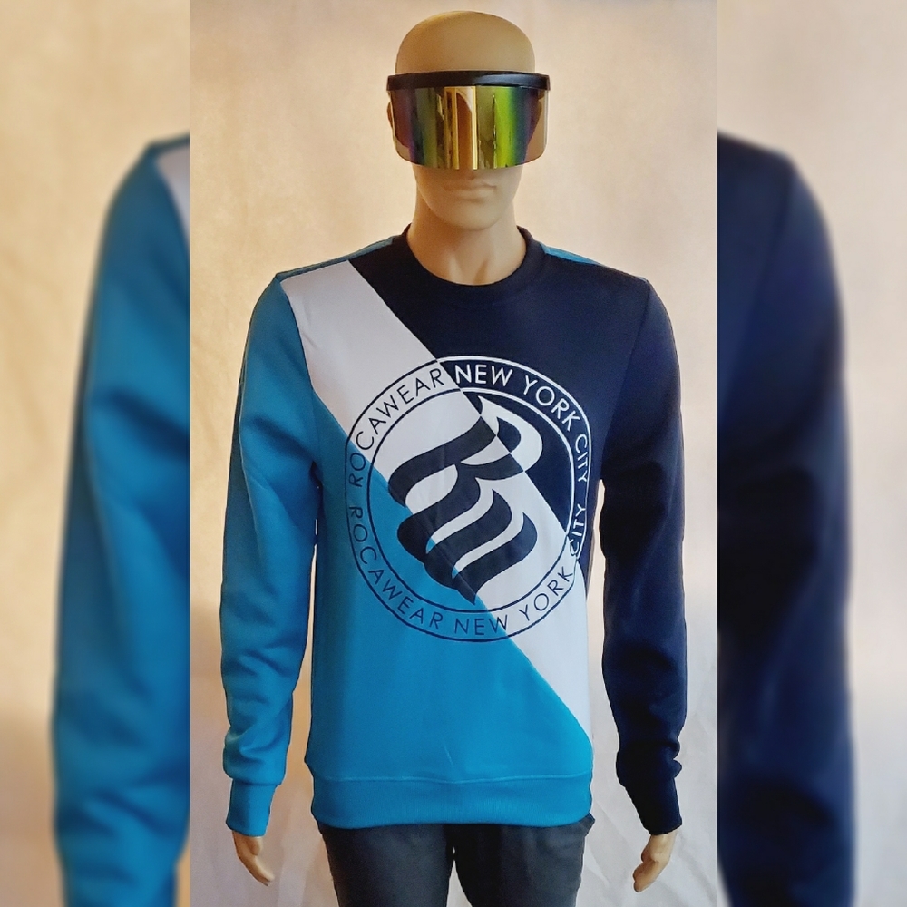 ROCAWEAR SPORT FLEECE SWEATSHIRT MEN' CREW NECK SIZ S BIG LOGO DESIGN MULTICOLOR